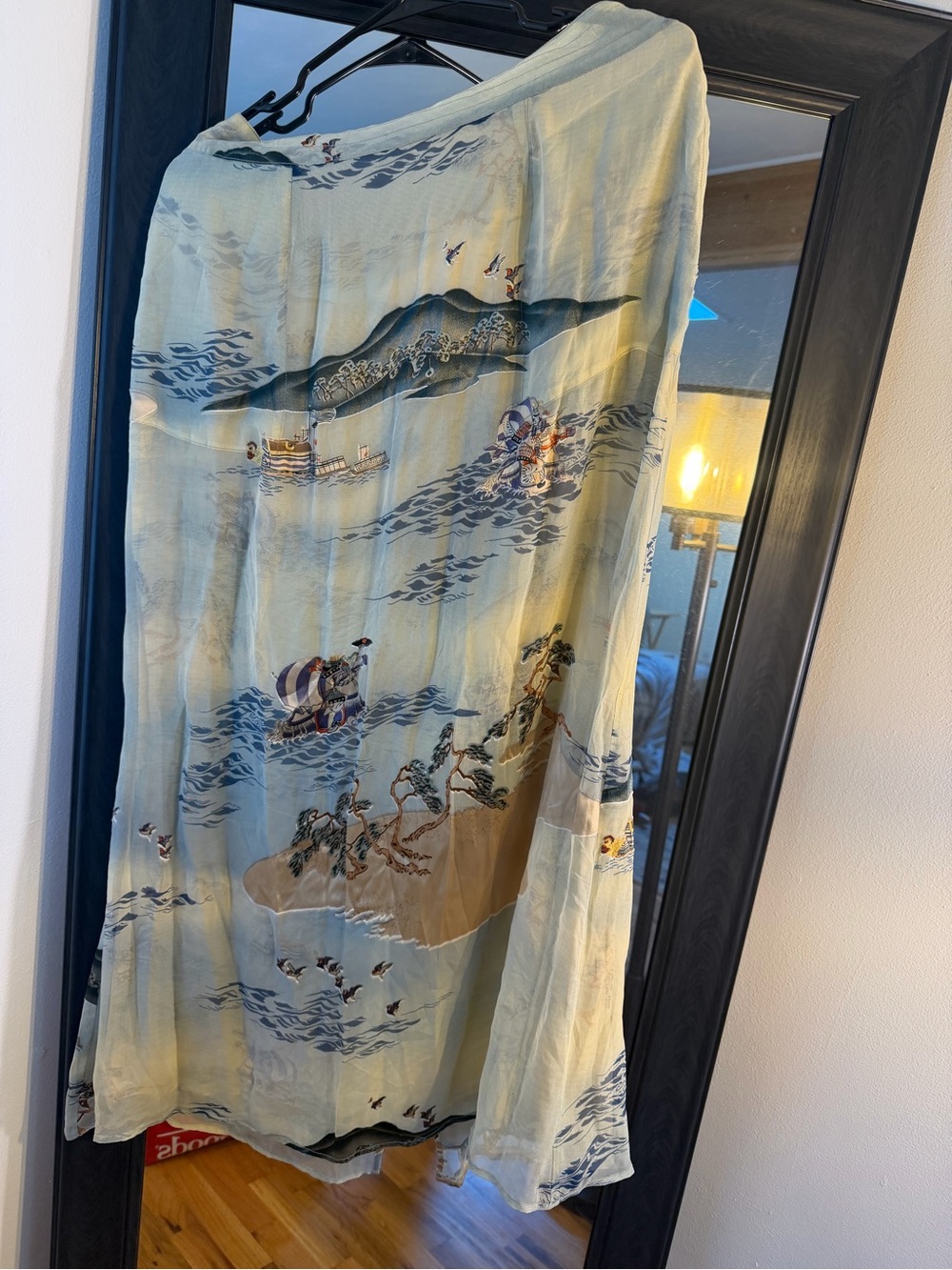 Vintage Citron Santa Monica Silk Japanese Landscape Wave Print Maxi Skirt Sz Med - Picture 3 of 5